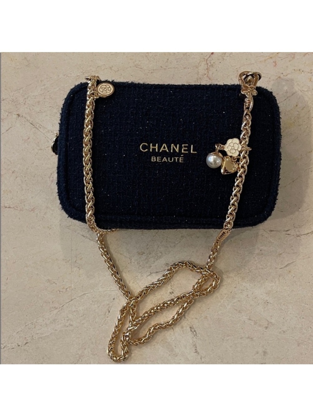 CHANEL Navy Tweed Cosmetics Bag To Crossbody